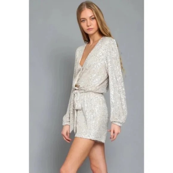 Silver Metallic Sparkling Sequin Long Sleeve Holiday Cocktail Party Romper - Picture 5 of 6
